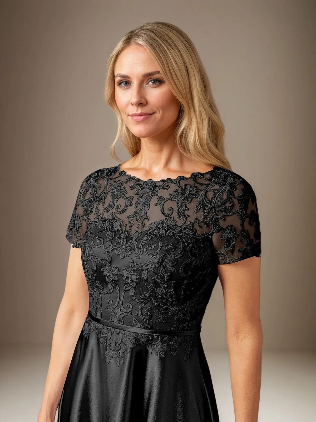 A Line Satin Scoop Neck Short Sleeves Floor Length Dress With Appliques