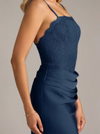 Navy Sheath/Column Satin Spaghetti Straps Sleeveless Floor Length Dresses