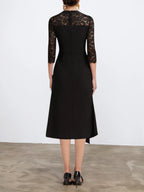 Robe midi ligne A en dentelle noire, col cœur, manches mi-longues