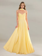 A Line Chiffon Off The Shoulder Sleeveless Floor Length Dress