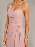 Dusty Rose A-Line One Shoulder Floor-Length Chiffon Bridesmaid Dress With Ruffle