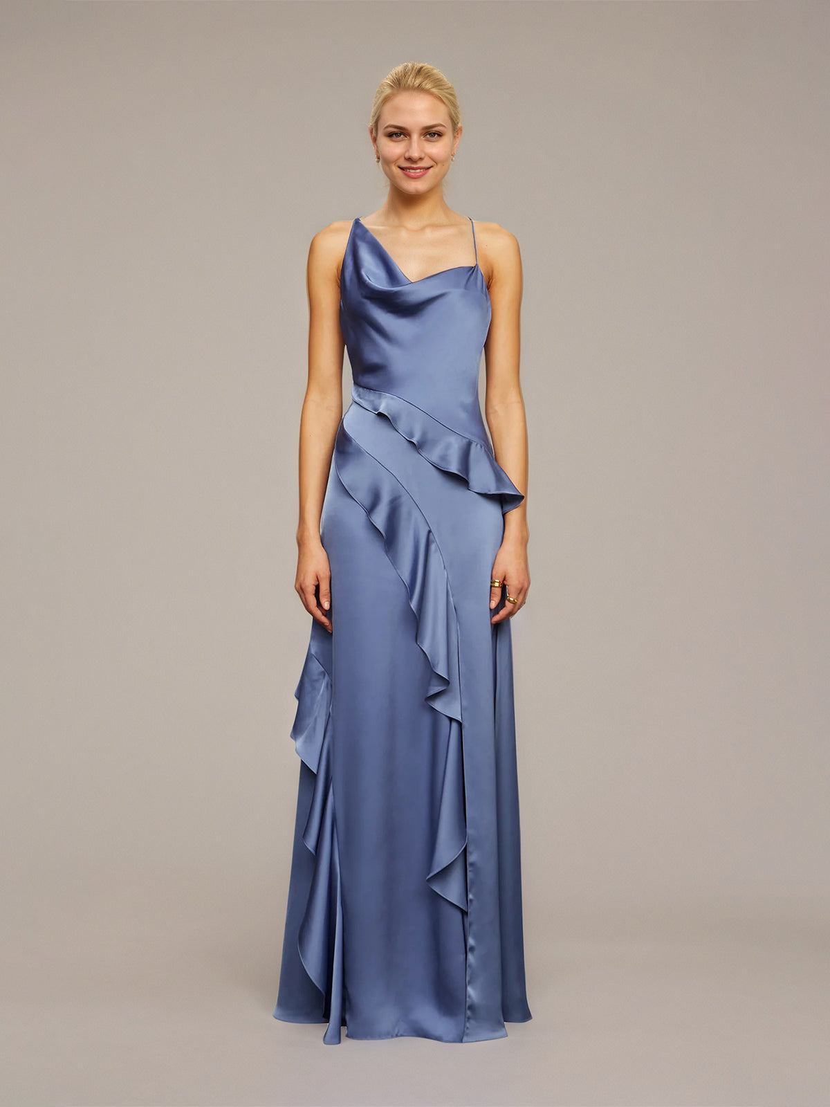 Schieferblaues Etuikleid/Säulenkleid aus Satin, asymmetrisch, ärmellos, bodenlang mit Rüschen