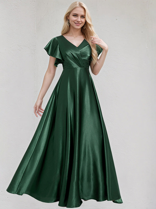 Grünes Satin A-Linien V-Ausschnitt bodenlanges Brautjungfernkleid mit Rüschen