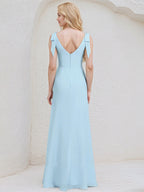 Sky Blue Chiffon Sheath/Column V Neck Sleeveless Floor Length Bridesmaid Dress
