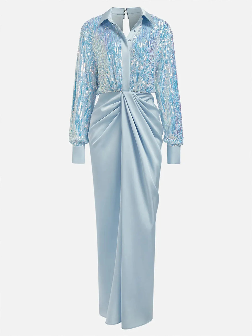 Abito lungo tubino maxi blu con paillettes, collo e maniche lunghe con spacco