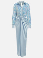 Abito lungo tubino maxi blu con paillettes, collo e maniche lunghe con spacco
