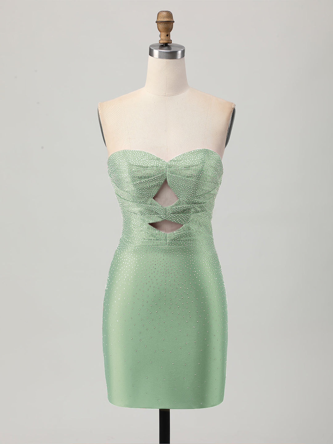 Robe courte mini moulante en satin sans bretelles avec découpes et perles