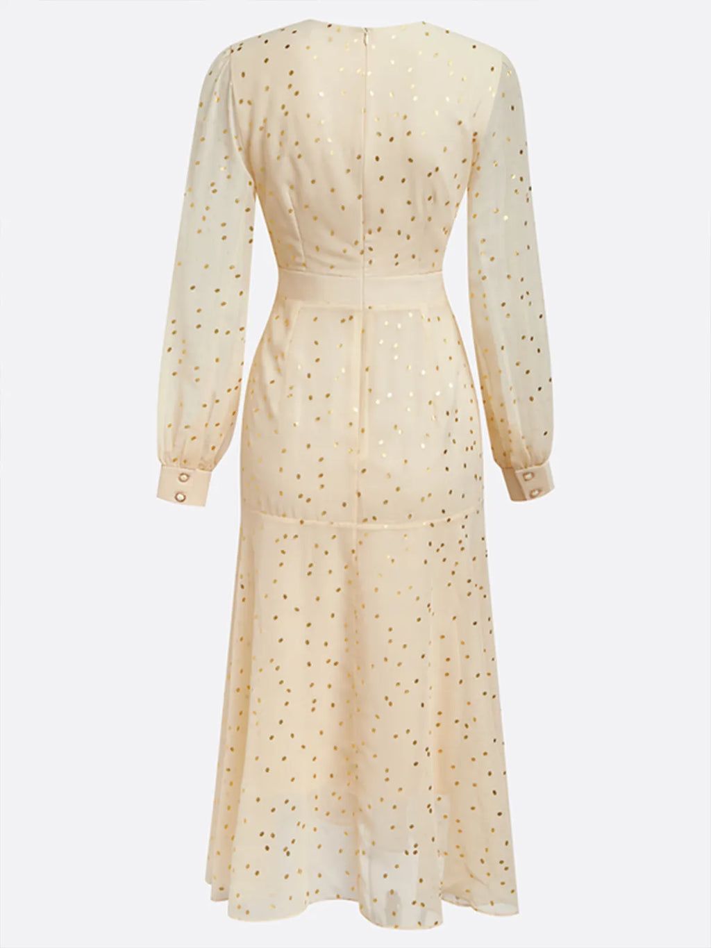 Abito midi albicocca dorato in chiffon, scollo a V, maniche lunghe a palloncino, linea ad A