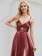 Rosewood Satin A Line V Neck Sleeveless Floor Length Bridesmaid Dress