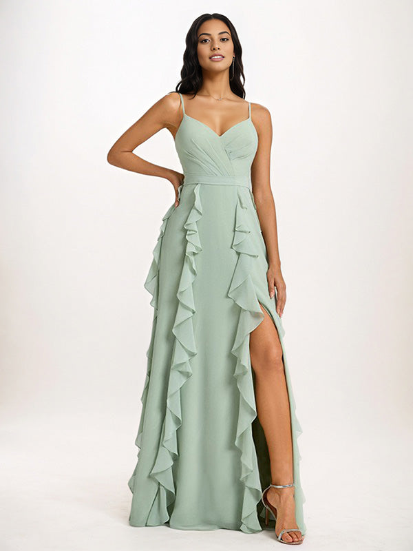 Staubiges Salbei A-Linien V-Ausschnitt Rüschen bodenlanges Chiffon Brautjungfernkleid