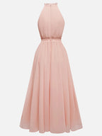 Rosa Chiffon Lotusblattkragen ärmelloses A-Linien Maxikleid