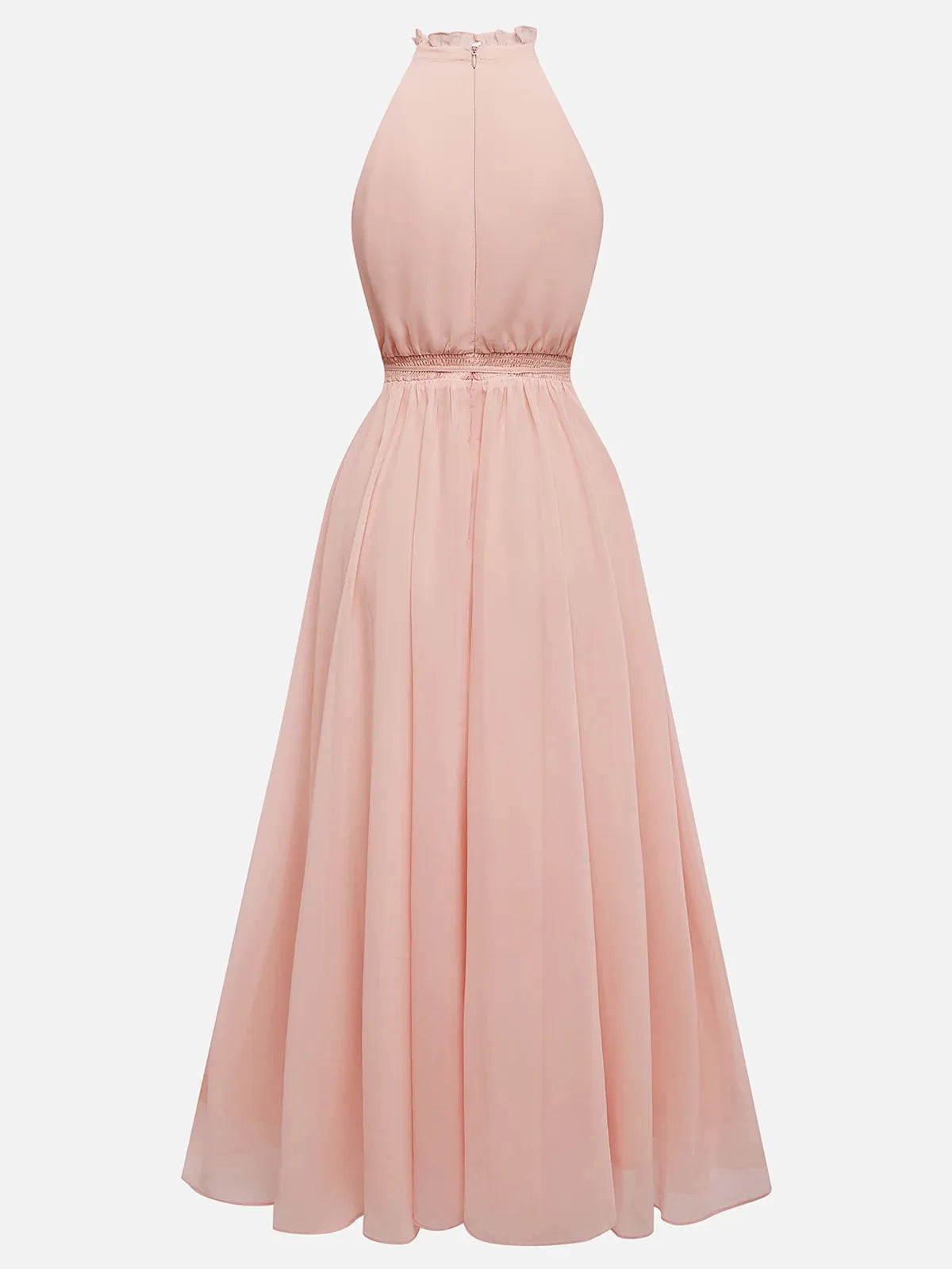 Rosa Chiffon Lotusblattkragen ärmelloses A-Linien Maxikleid