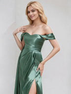 Sea Glass Satin A Line Off the Shoulder Sleeveless Floor Length Bridesmaid Dress