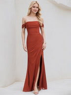 Vestido de dama de honra vermelho alaranjado, chiffon, evasê, ombro a ombro, sem mangas, comprimento até o chão