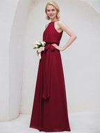 Bordeauxrotes A-Linien U-Ausschnitt bodenlanges Chiffon Brautjungfernkleid mit Schleife