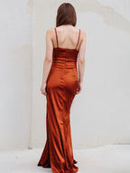 Rust Sheath/Column Satin Spaghetti Straps Sleeveless Floor Length Dress