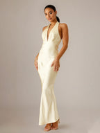 Yellow Satin Sheath/Column V Neck Sleeveless Floor Length Bridesmaid Dresses
