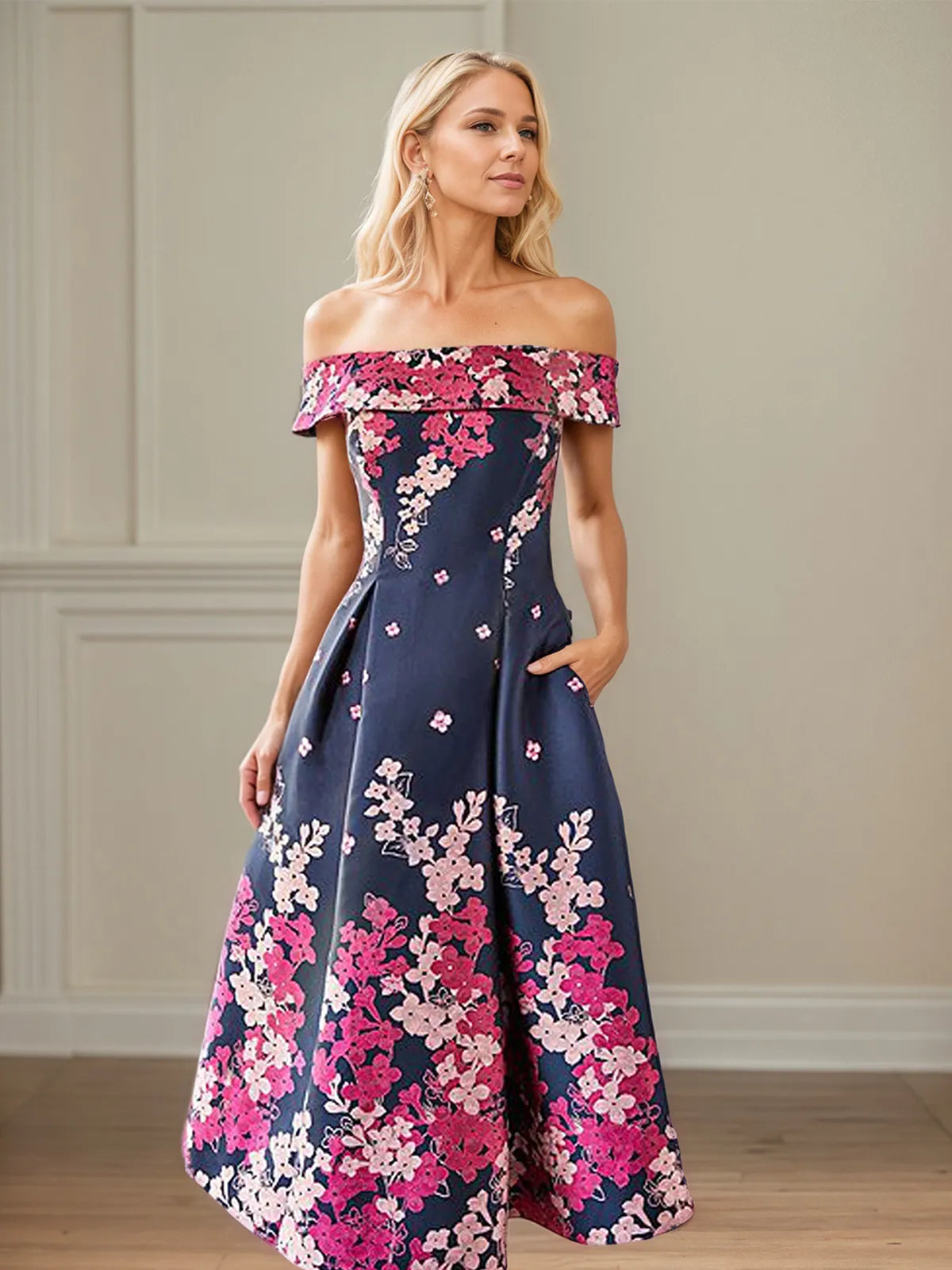 A Line Off The Shoulder Ankle Length Satin Floral Mother of the Bride Dress