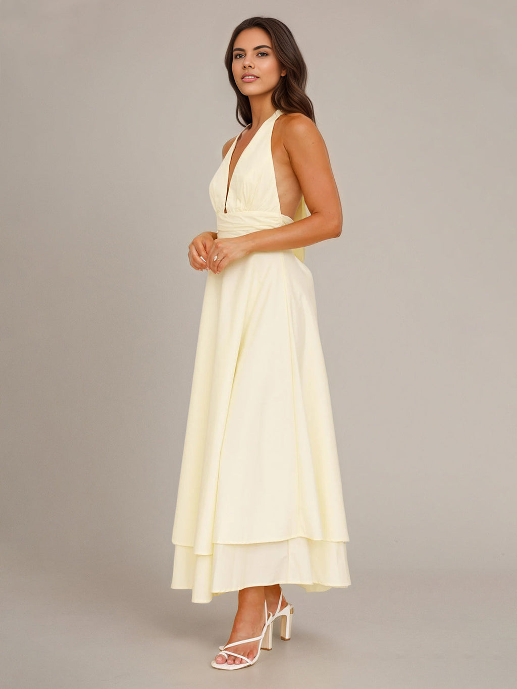 Zitronengelbes Chiffon-A-Linien-Kleid mit Neckholder, ärmellos, knöchellang, Brautjungfernkleid