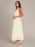 Zitronengelbes Chiffon-A-Linien-Kleid mit Neckholder, ärmellos, knöchellang, Brautjungfernkleid
