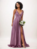 Vestidos de madrinha wisteria em cetim, corte evasê, babados, decote em V, sem mangas, comprimento até o chão