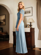 Robe longue en satin en ligne A avec col en V, manches courtes et appliques