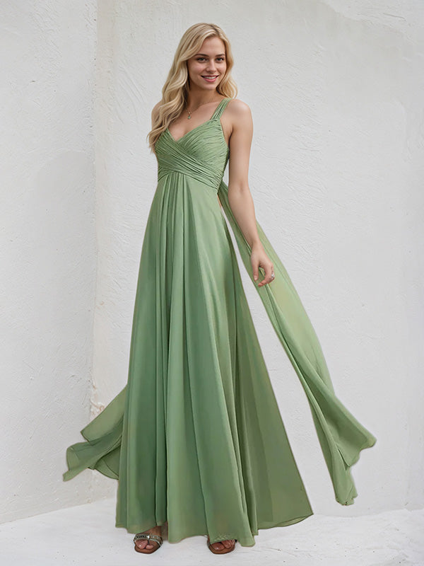 Abito damigella in chiffon basilico a linea A con scollo a V e volant, lunghezza fino al pavimento