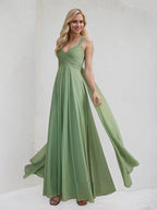 Abito damigella in chiffon basilico a linea A con scollo a V e volant, lunghezza fino al pavimento