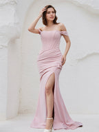 Lavender Blush Chiffon Sheath/Column Off the Shoulder Sleeveless Floor Length Bridesmaid Dress
