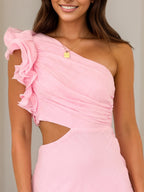 Sanftrosa Chiffon-Sheath/Säulen-Kleid mit einer Schulter, knöchellang, Brautjungfernkleid