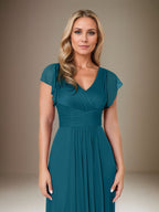 A Line Chiffon V Neck Short Sleeves Floor Length Mother of the Bride Dresses With Ruffles