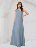 Dusty Blue Chiffon A Line One Shoulder Sleeveless Floor Length Bridesmaid Dresses