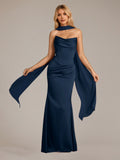 Navy Sheath/Column Satin Off The Shoulder Sleeveless Floor Length Dress