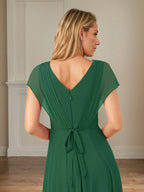 A-Linien Chiffon Kleid mit V-Ausschnitt, flatternden Ärmeln, knöchellang mit Applikationen