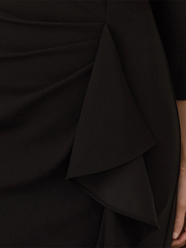 Vestido de madre de la novia negro de gasa, escote off the shoulder, mangas 3/4 y largo hasta el tobillo