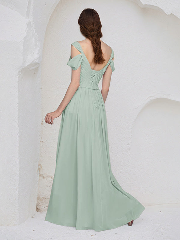 Abito lungo da damigella in chiffon salvia a linea A con scollo a V, senza maniche e pieghe