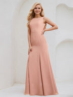 Dusty Rose Chiffon Trumpet/Mermaid Boat Neck Floor Length Bridesmaid Dress