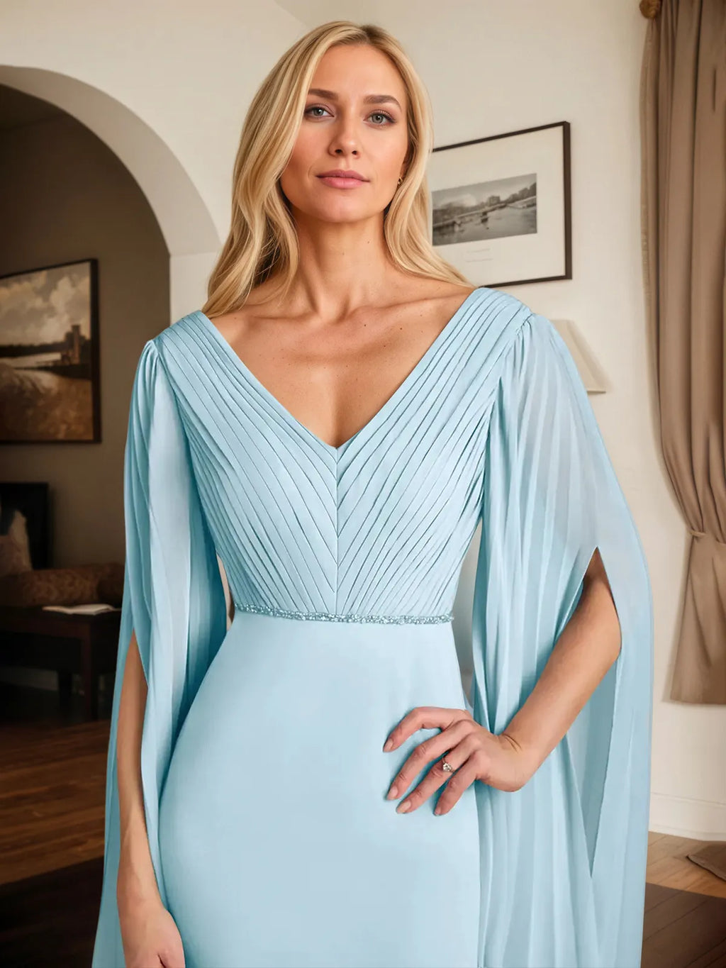 Abito lungo in chiffon a tubino/colonna con scollo a V e maniche lunghe