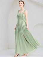 Abito da damigella verde menta in chiffon a linea A con scollo quadrato, senza maniche, lungo fino al pavimento con volant