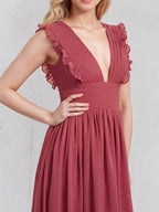 Cinnamon Rose Chiffon A Line V Neck Sleeveless Floor Length Bridesmaid Dress