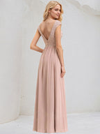 Dusty Rose A-Line V-Neck Floor-Length Lace Chiffon Bridesmaid Dress