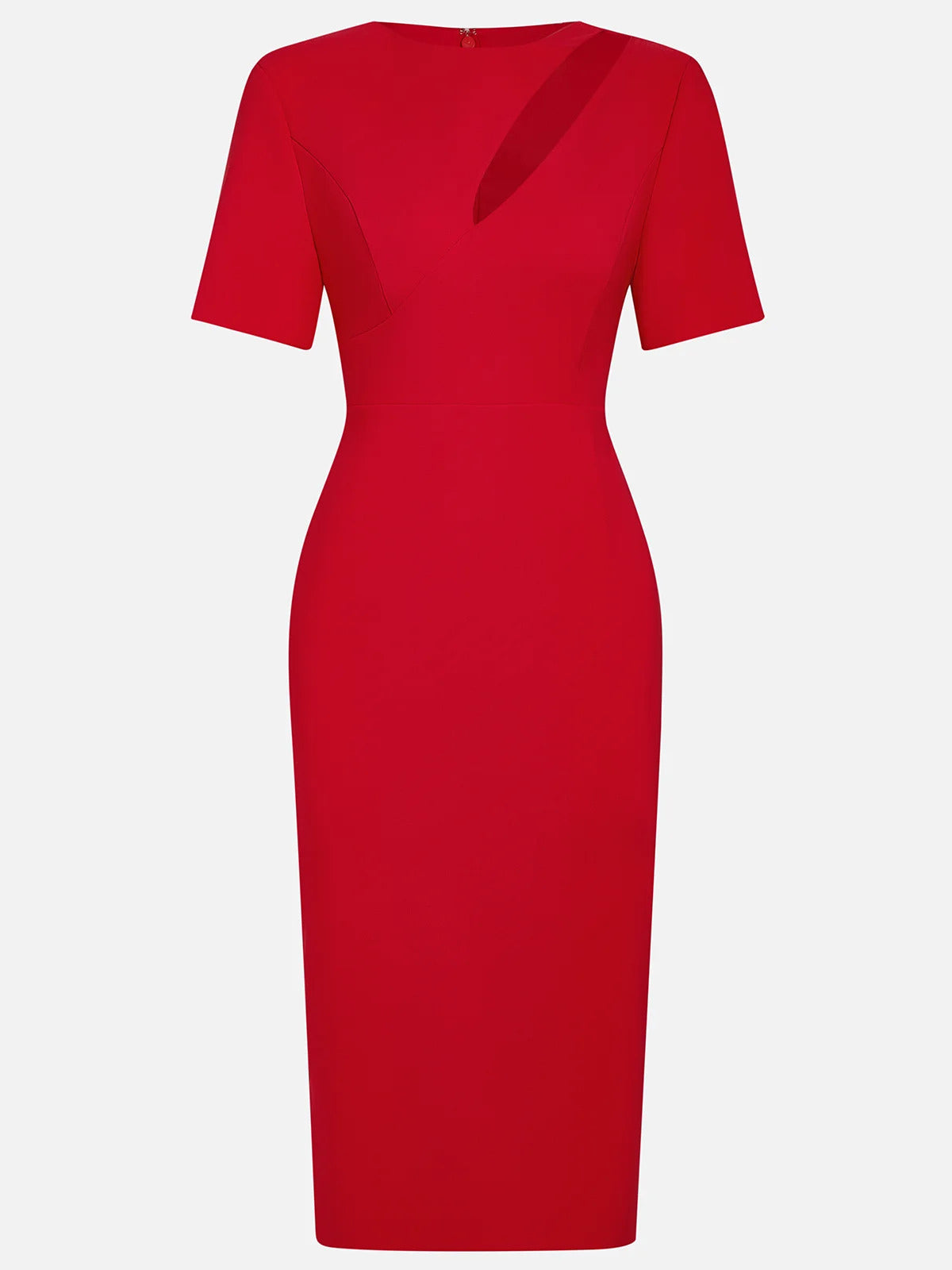 Vestido rojo de corte columna de crepé elástico con escote redondo y mangas cortas, largo hasta la media pierna
