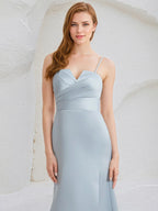 Ice Blue Satin A Line Spaghetti Straps Sleeveless Floor Length Bridesmaid Dress