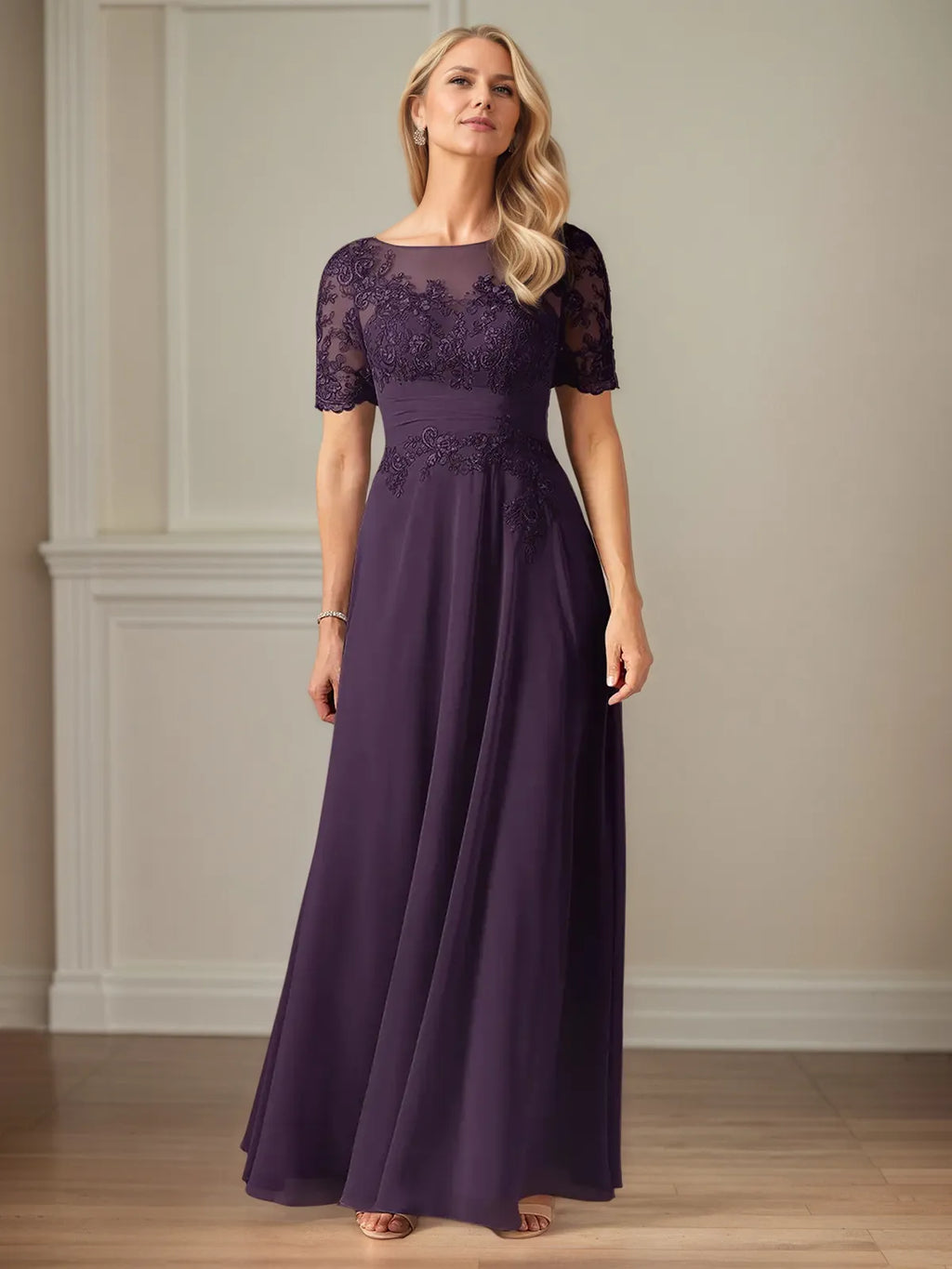 A Line Chiffon Scoop Neck Short Sleeves Floor Length Dress