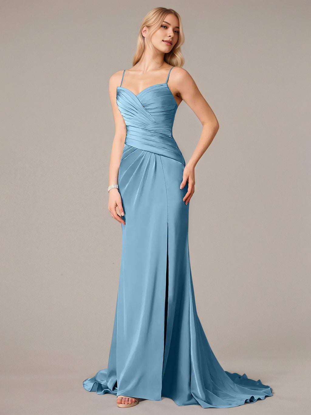 Steel Blue Sheath/Column Satin Spaghetti Straps Sleeveless Floor Length Dresses