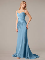 Steel Blue Sheath/Column Satin Spaghetti Straps Sleeveless Floor Length Dresses
