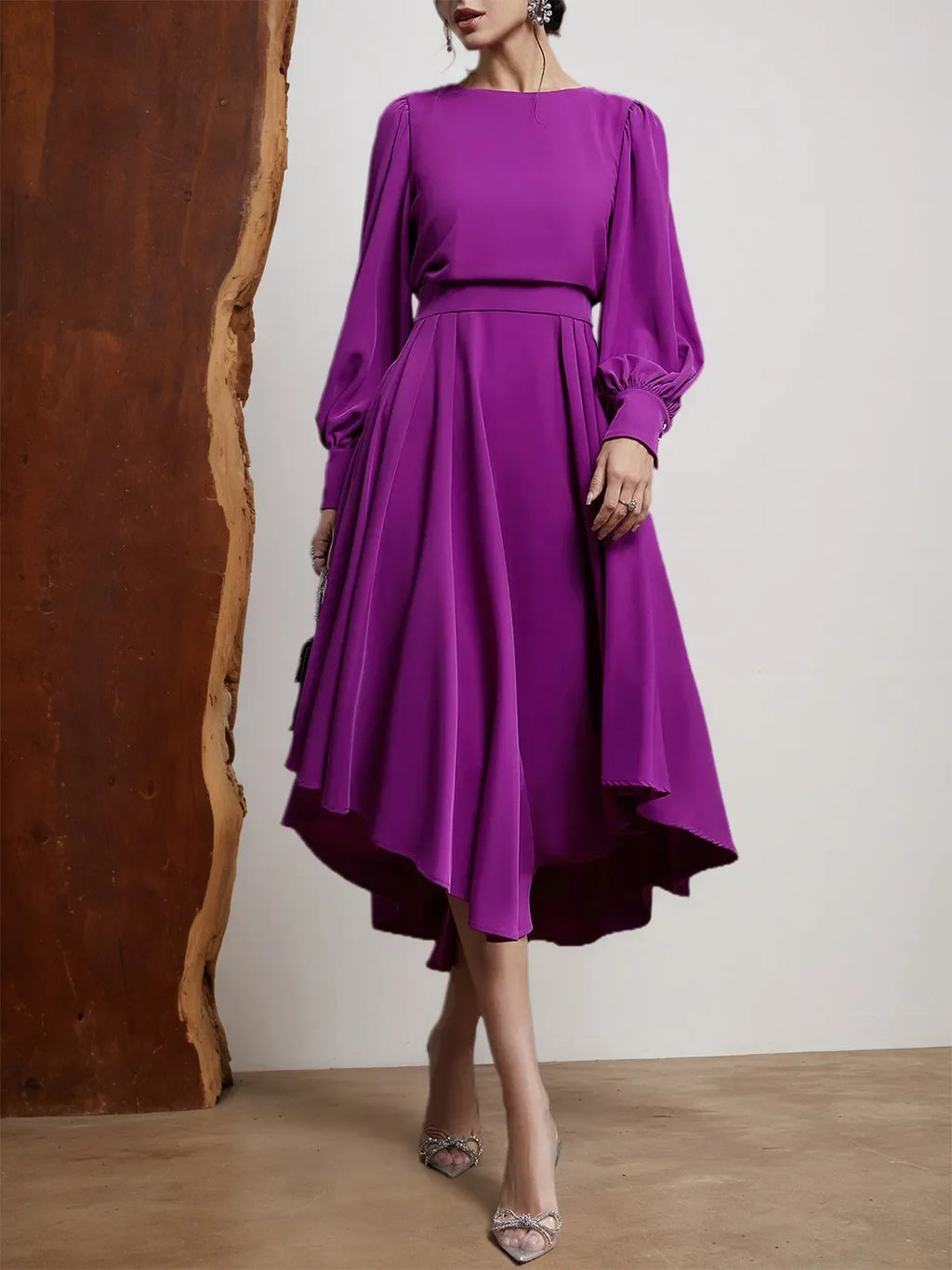 Rosarotes asymmetrisches Kleid mit Bootsausschnitt, langen Ballonärmeln und A-Linie Midi-Länge