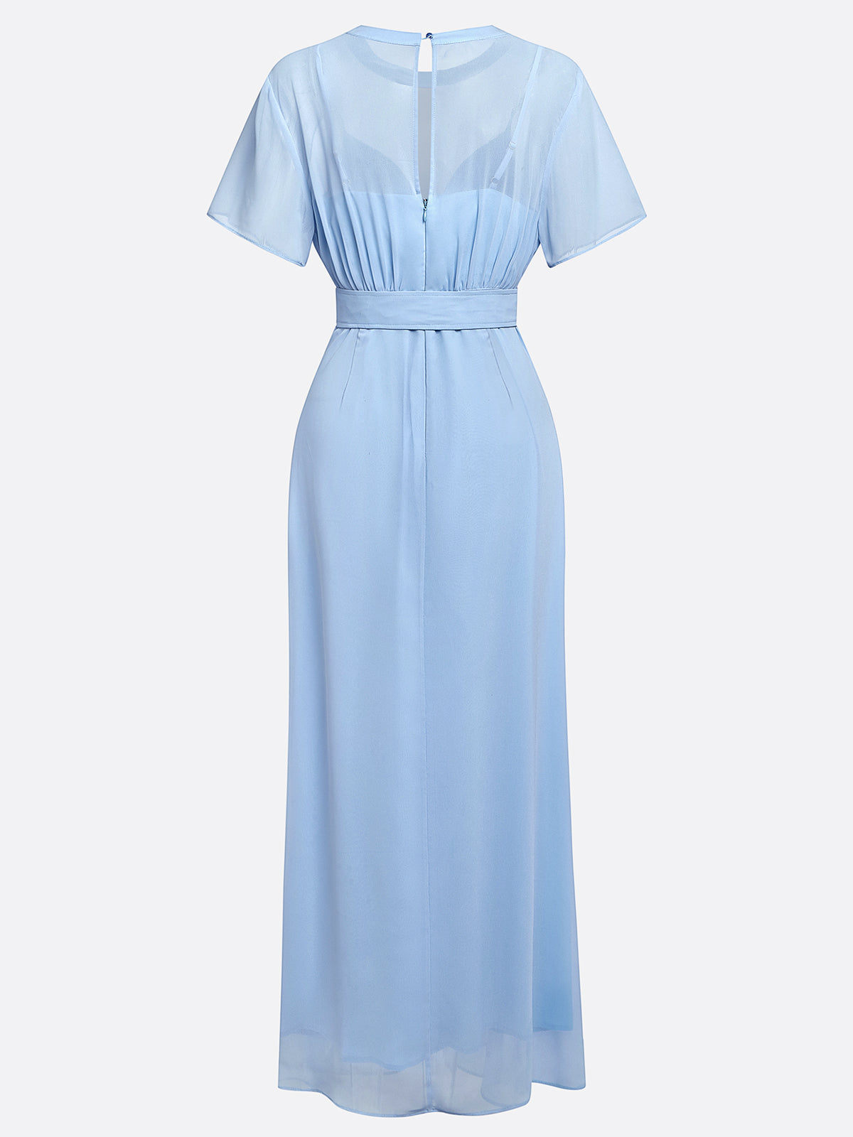 Vestido largo azul claro de gasa fruncida con cuello redondo y mangas cortas en línea A
