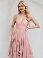 Dusty Rose Chiffon A Line Spaghetti Straps Floor Length Bridesmaid Dress With Cascading Ruffles