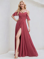 Cinnamon Rose Chiffon A Line Spaghetti Straps Floor Length Bridesmaid Dress